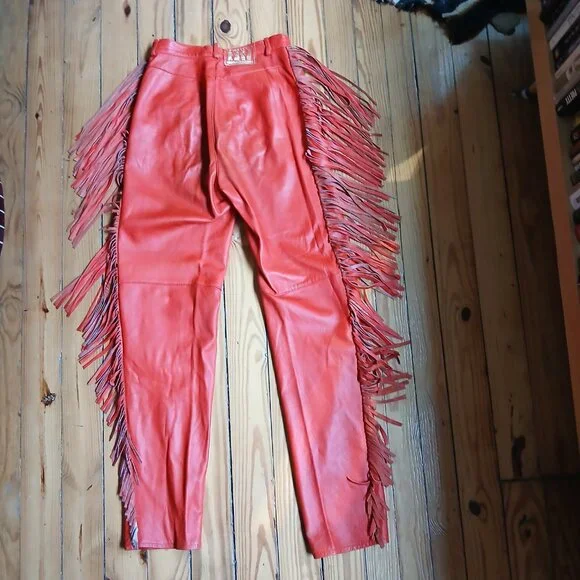 Fiorucci 1980 Vintage Red Leather Fringe Safety Jeans * Edgy Western * Sz 28 - Picture 3 of 14